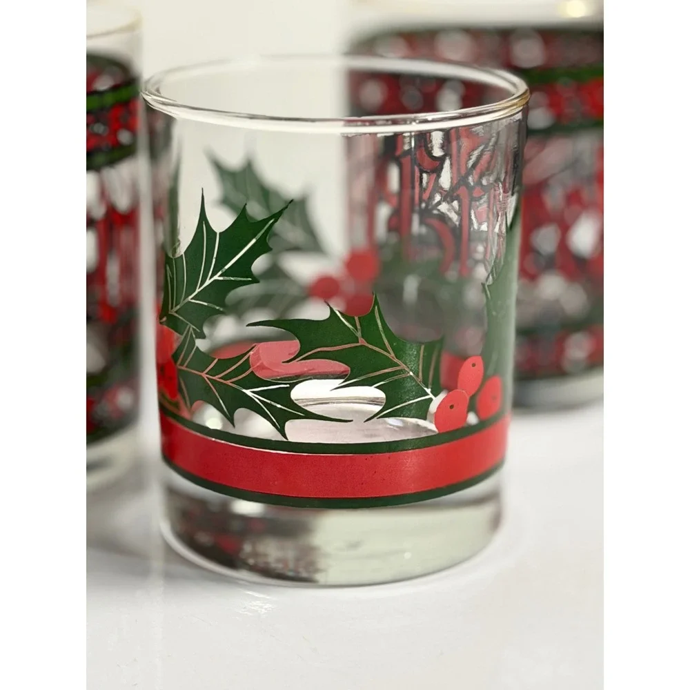 VTG Houze‎ Seasons Greetings Glass Drink Tumbler Red Green Gold Rim Holiday Set
